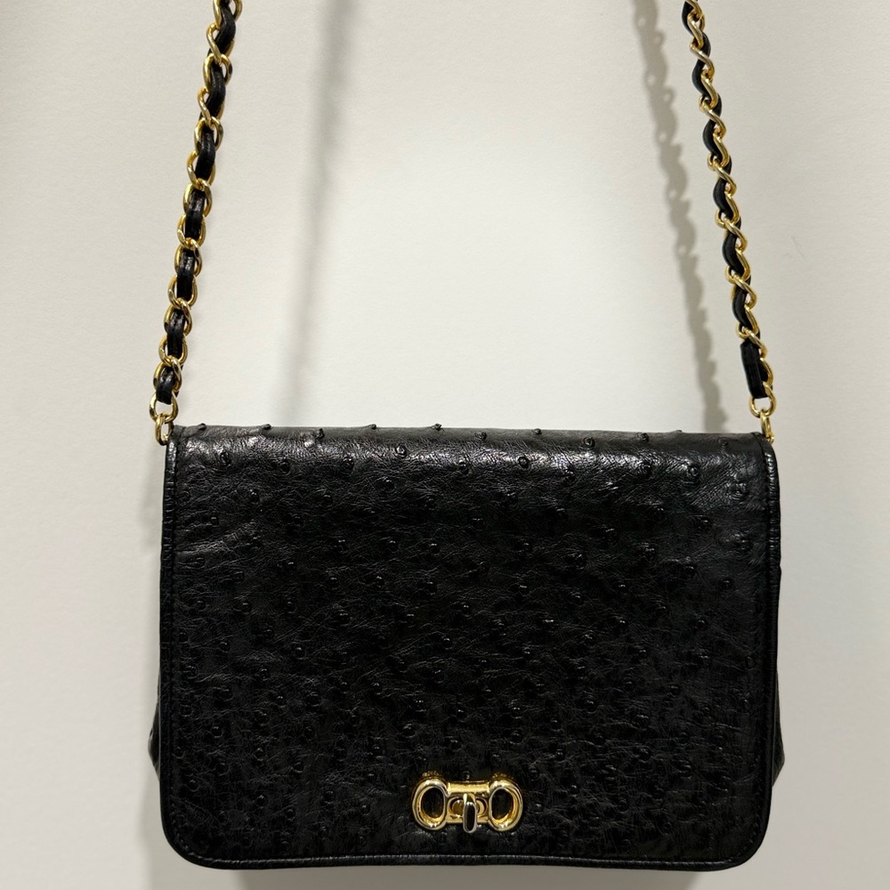 Black and Gold Textured Shoulder Bag with Chain Strap
